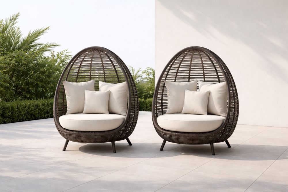 Fauteuil extérieur en résine tressée avec coussins en polyester Marron/Crème