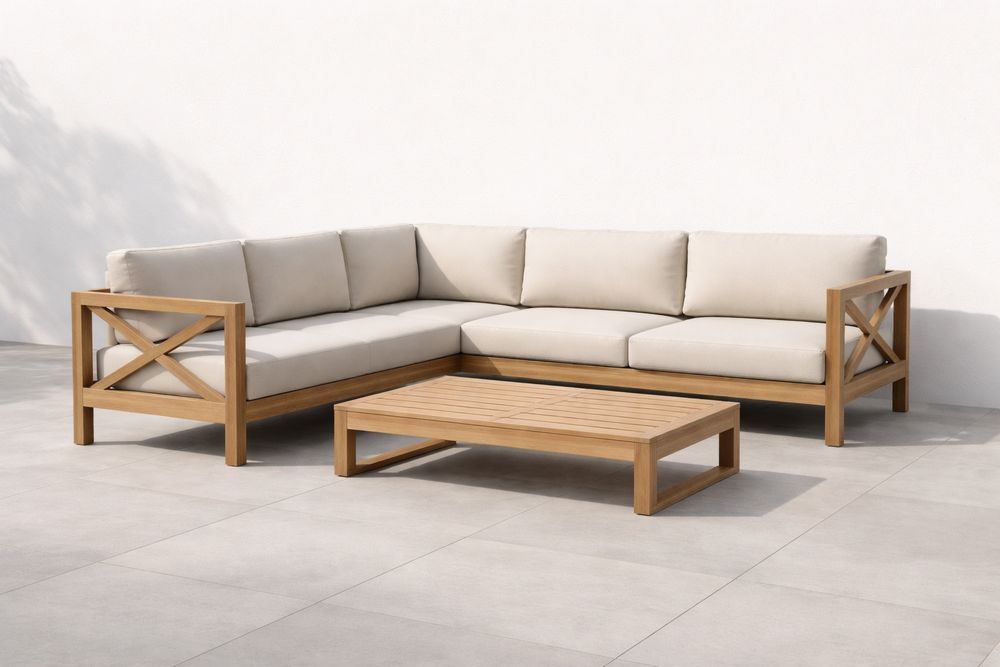 Ensemble canapé d'angle en bois avec coussins et table basse