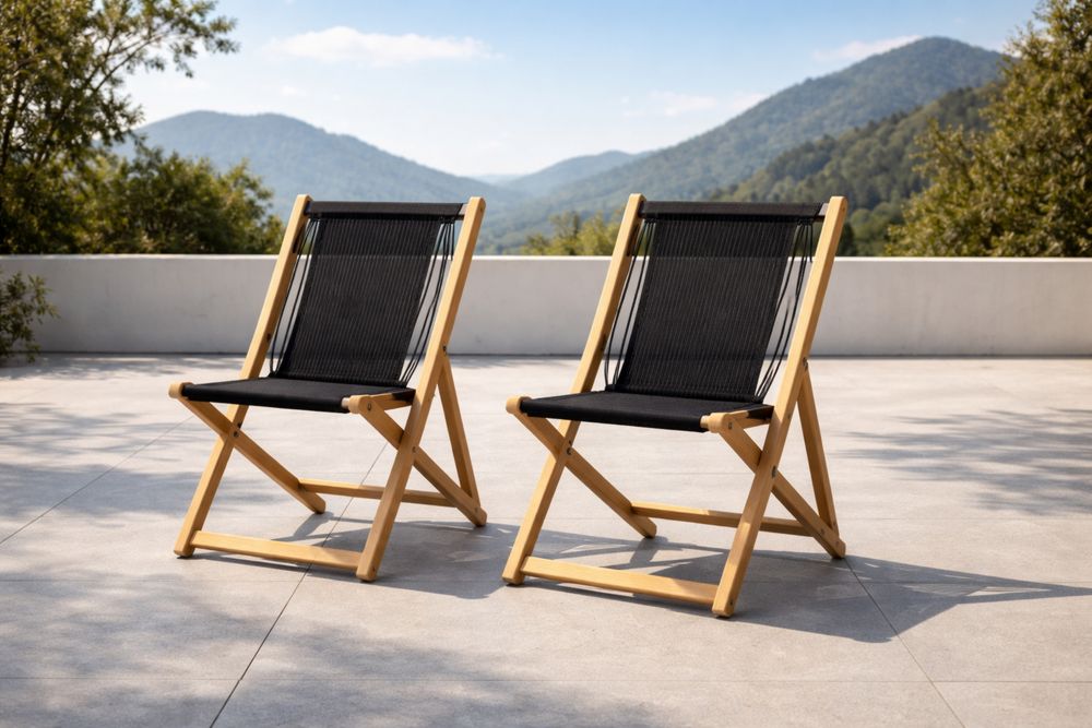 Ensemble de 2 chaises pliantes en bois et tissu noir pour extérieur