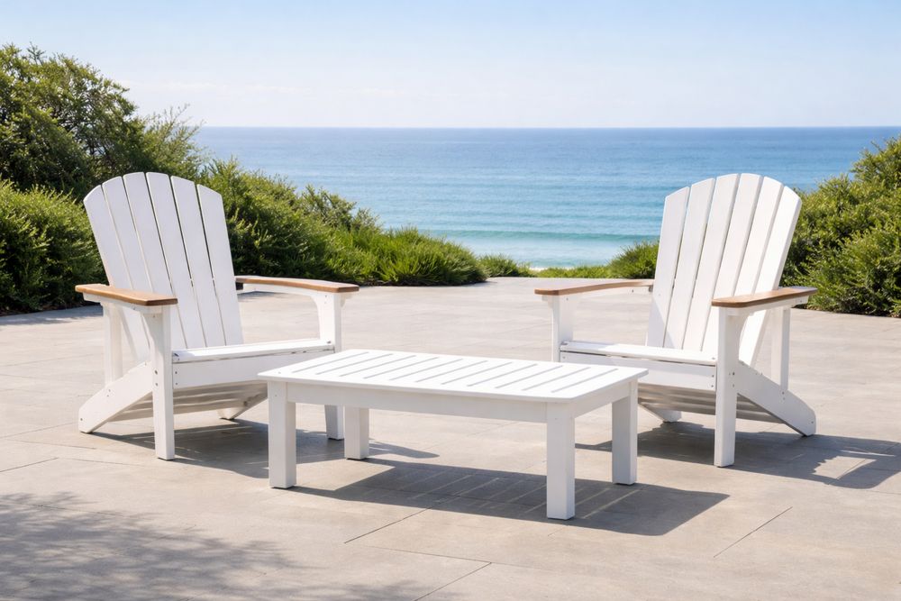 Ensemble de Patio 3 Pièces en Bois avec Chaises Adirondack et Table Basse Blanche