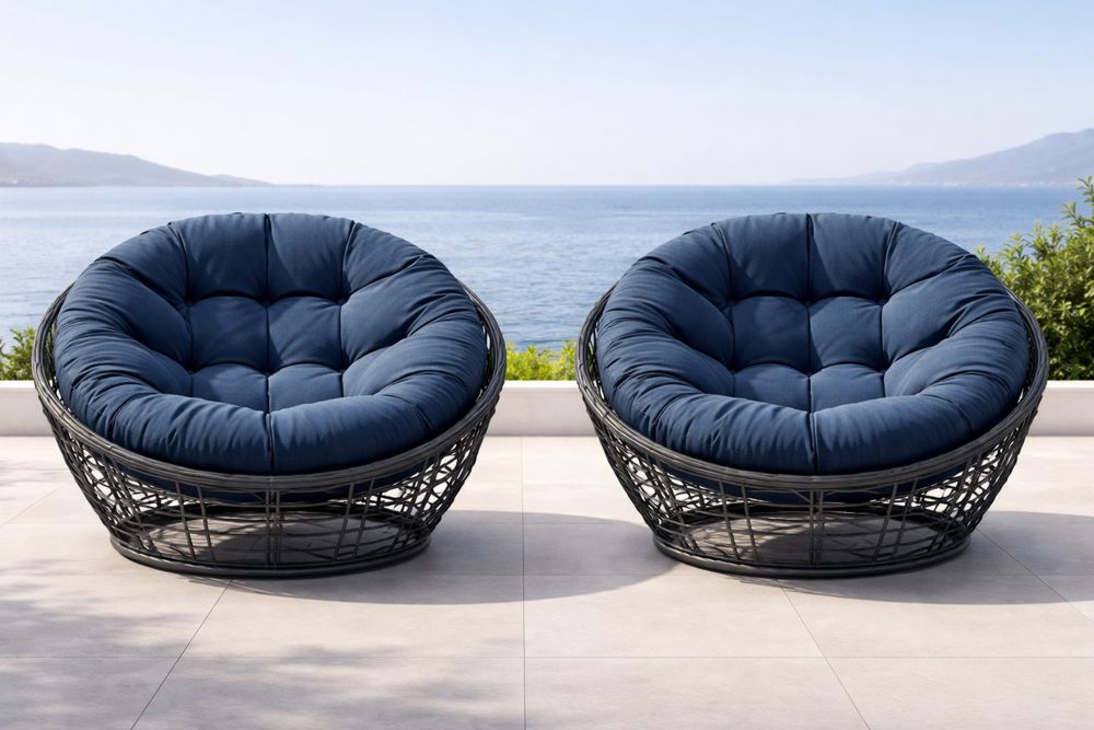 Fauteuil rond en résine tressée avec coussins en polyester Bleu foncé