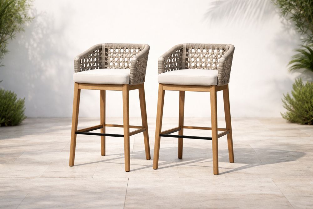 Tabourets de Bar en Teck et Résine Tressée