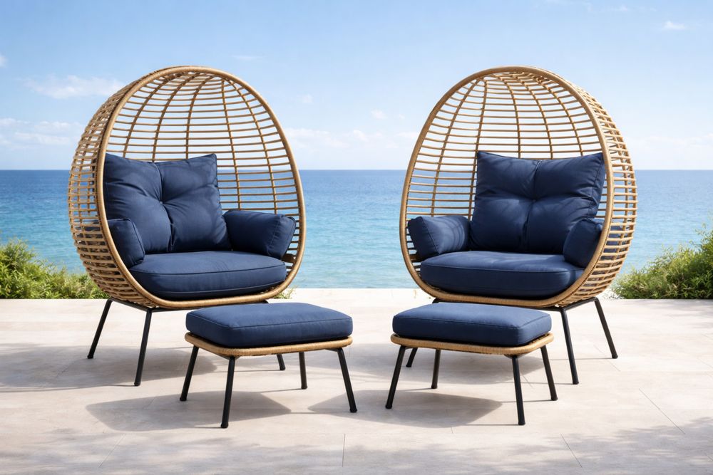 Ensemble de Chaises œuf en Rotin avec Coussin Bleu