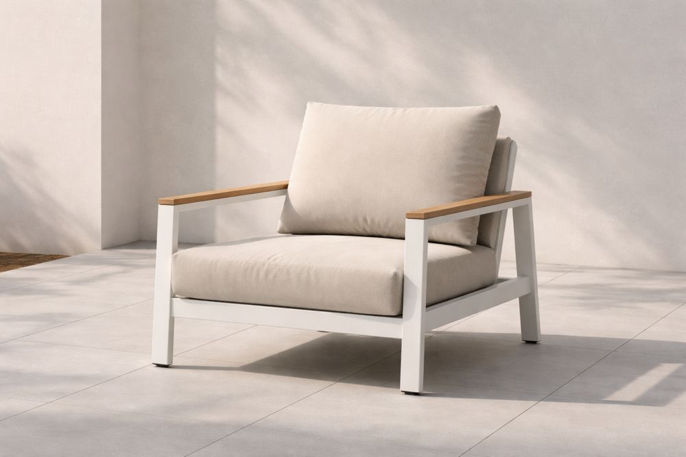 Fauteuil en aluminium et polyester Blanc et Bois 80x70x85 cm