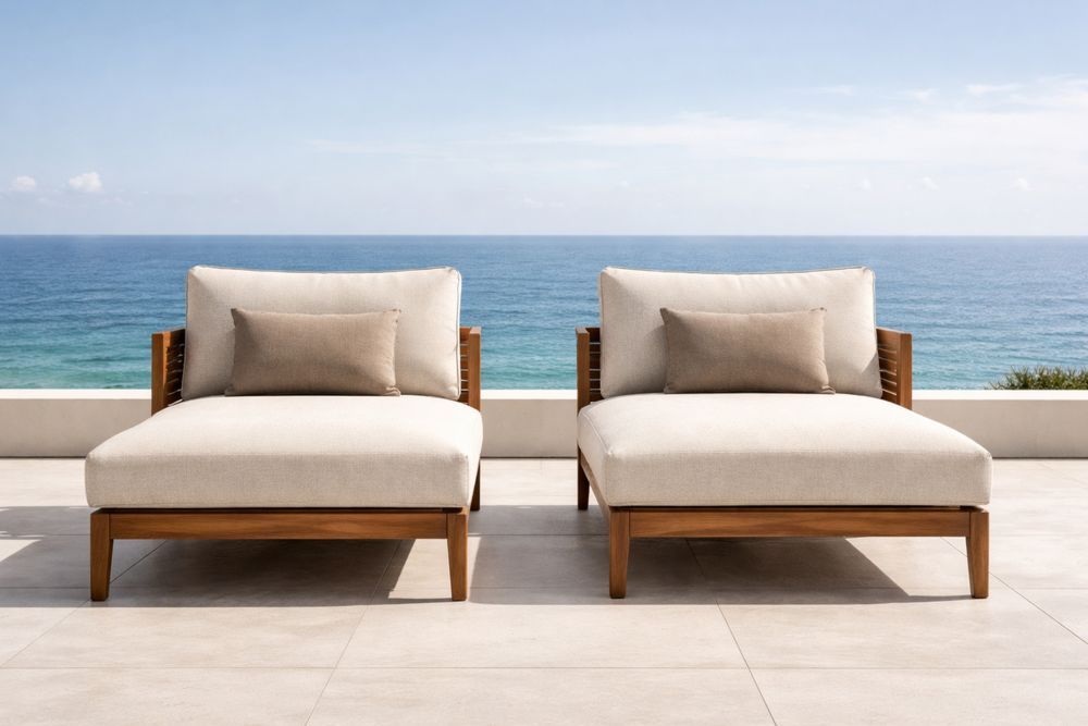 Ensemble de Chaises Longues en Bois d'Acacia avec Coussins en Polyester Beige