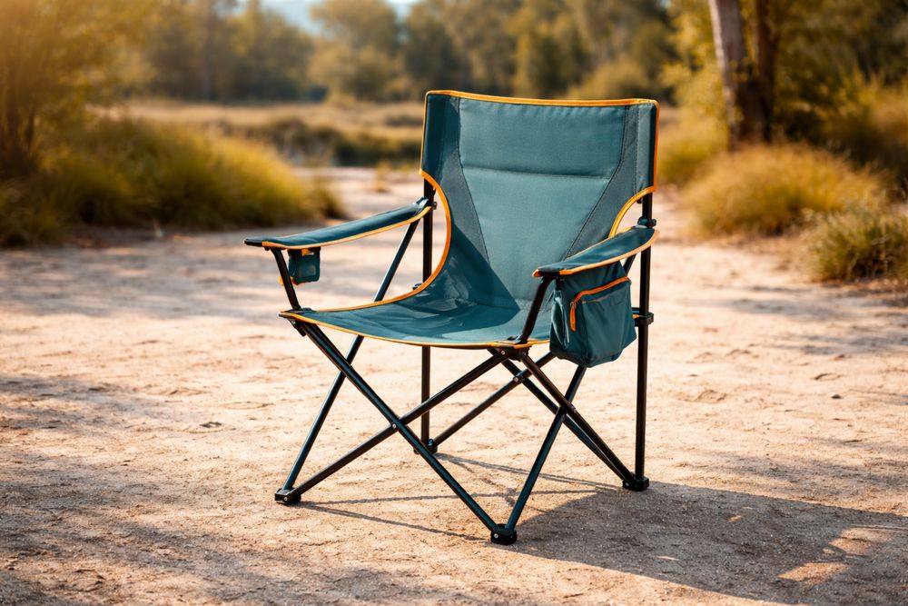 Chaise pliante de camping en acier et polyester vert avec accoudoirs