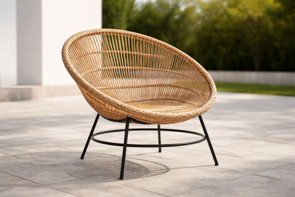 Fauteuil en Rotin Synthétique avec Structure en Métal Noir