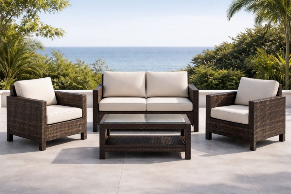 Ensemble mobilier de jardin en résine tressée avec coussins crème et table basse en verre