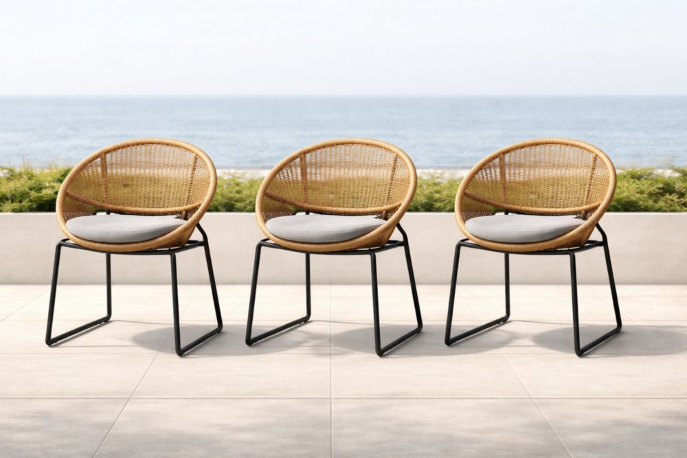 Ensemble de 3 chaises de jardin en rotin synthétique et acier avec coussin gris