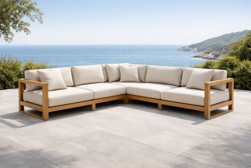 Canapé d'angle extérieur en bois avec coussins en polyester beige