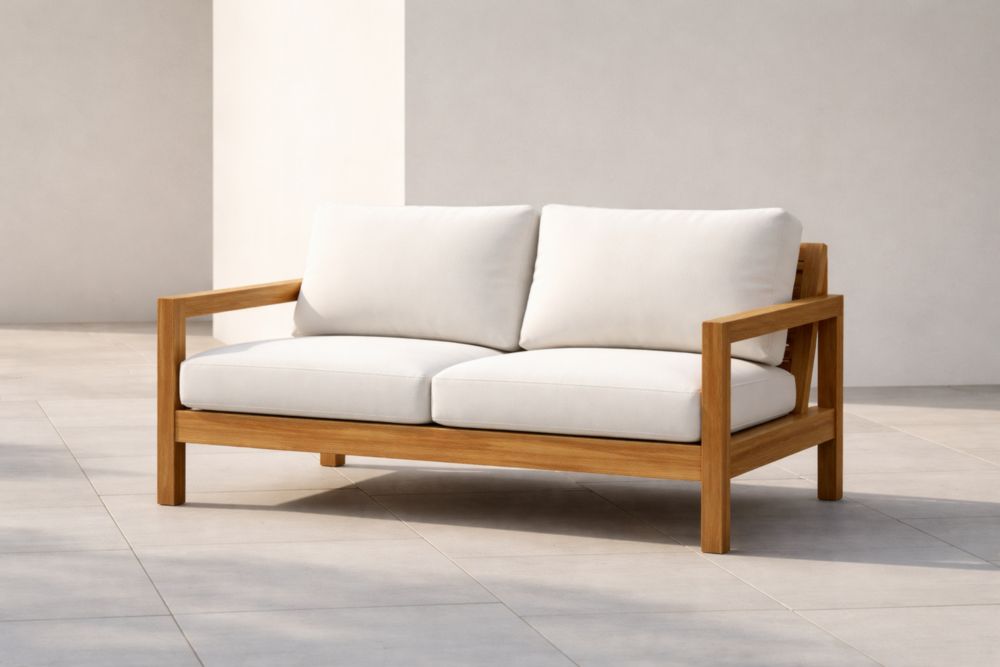 Canapé deux places en bois de teck avec coussins en polyester blanc