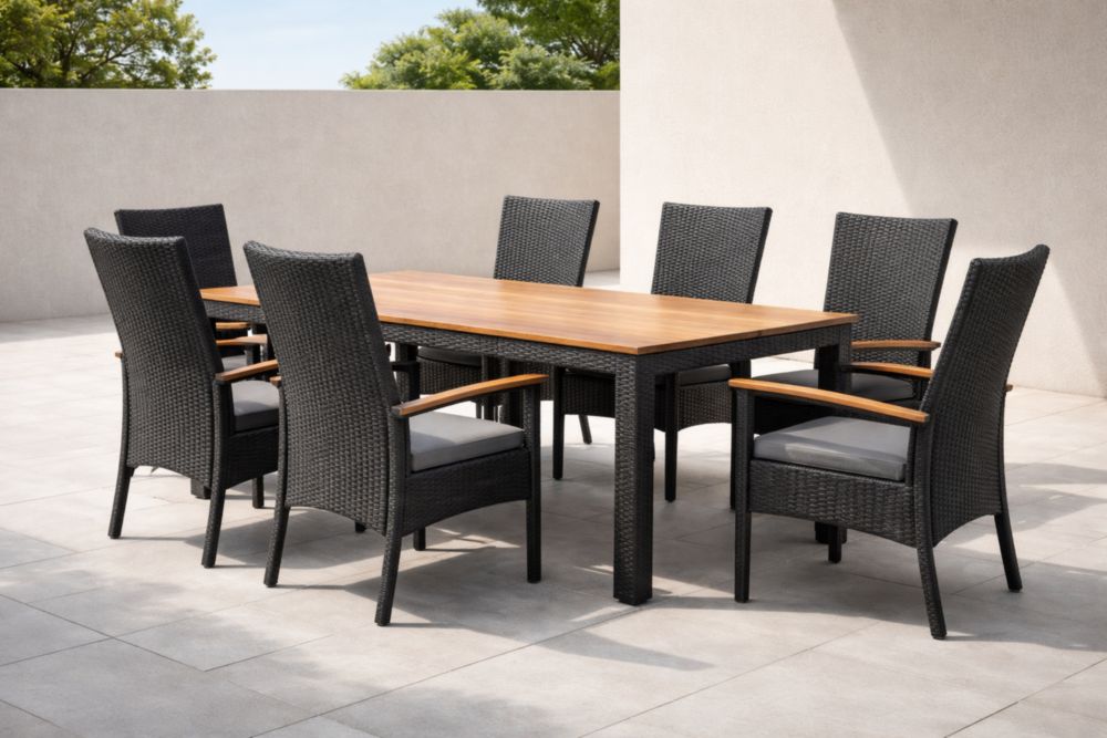 Ensemble de salle à manger extérieur - Table rectangulaire en bois et 7 chaises en résine tressée noire
