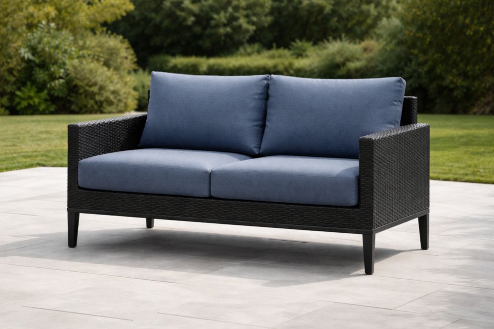 Canapé d'extérieur 2 places en rotin synthétique bleu