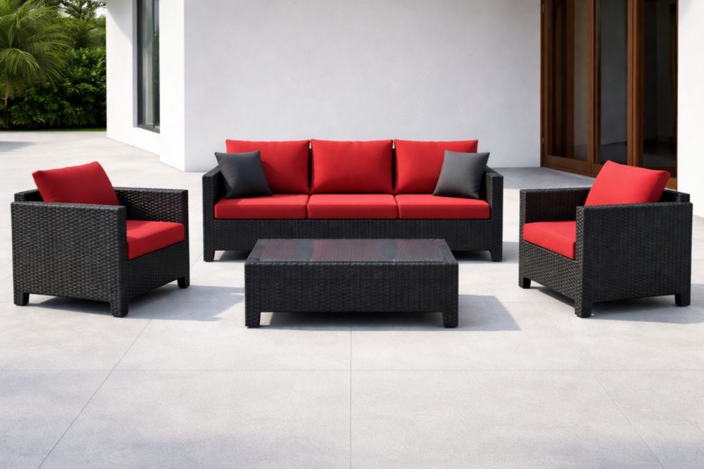 Ensemble de meubles d'extérieur rotin noir coussins rouges