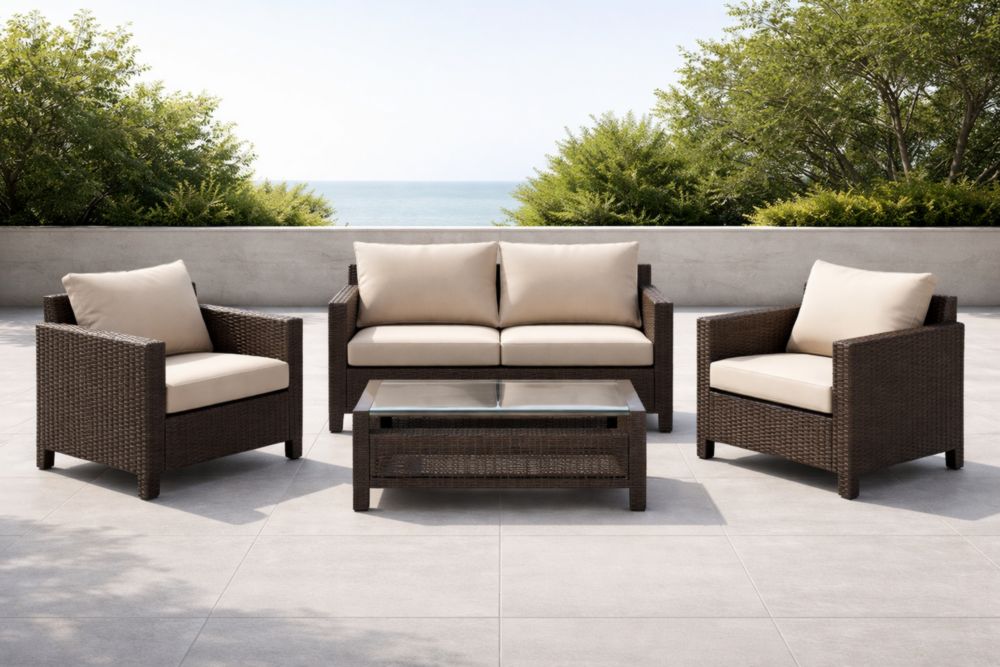 Salon de jardin en résine tressée avec coussins beiges