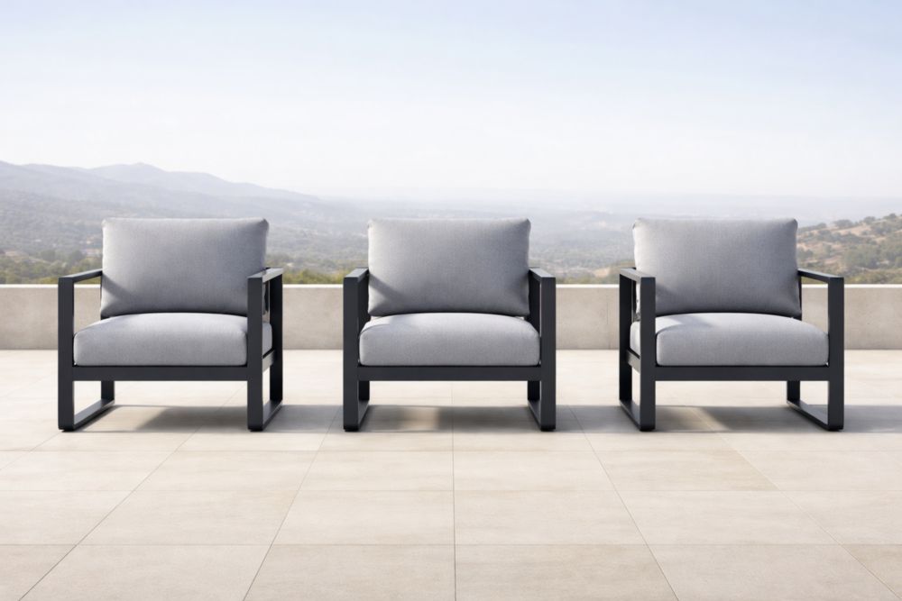 Ensemble de 3 Fauteuils d'Extérieur en Aluminium et Tissu Gris