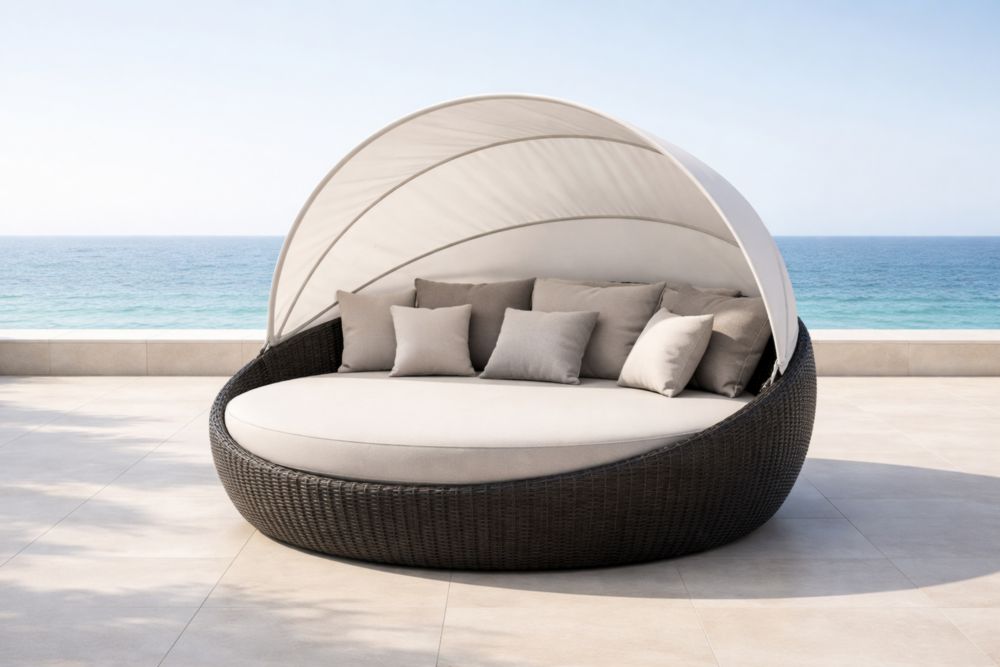 Lit de jardin rond en osier synthétique avec auvent et coussins