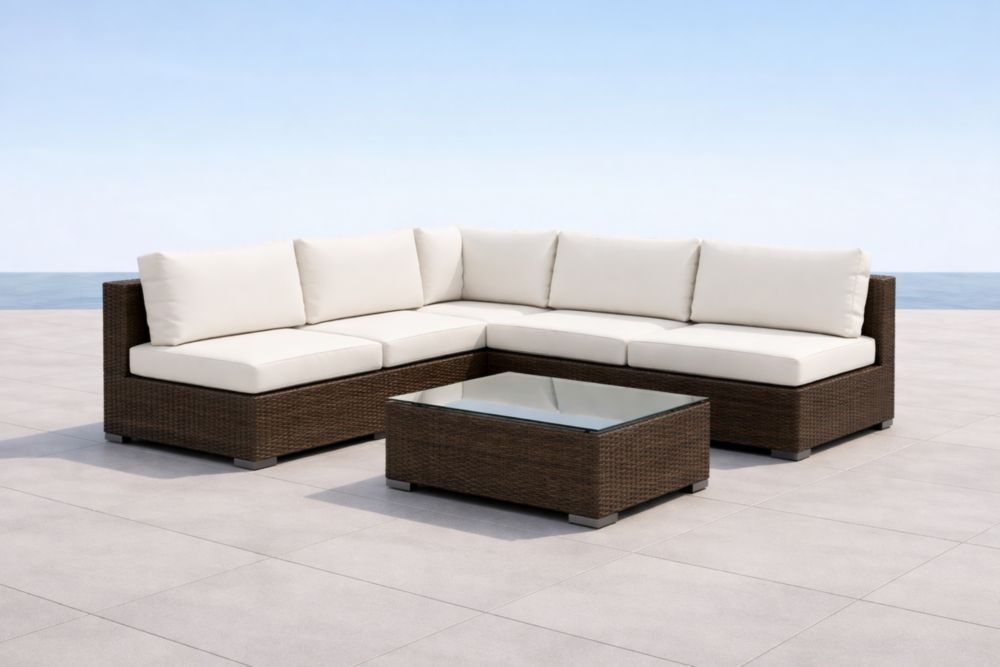 Ensemble de salon extérieur en résine tressée avec coussins et table basse en verre