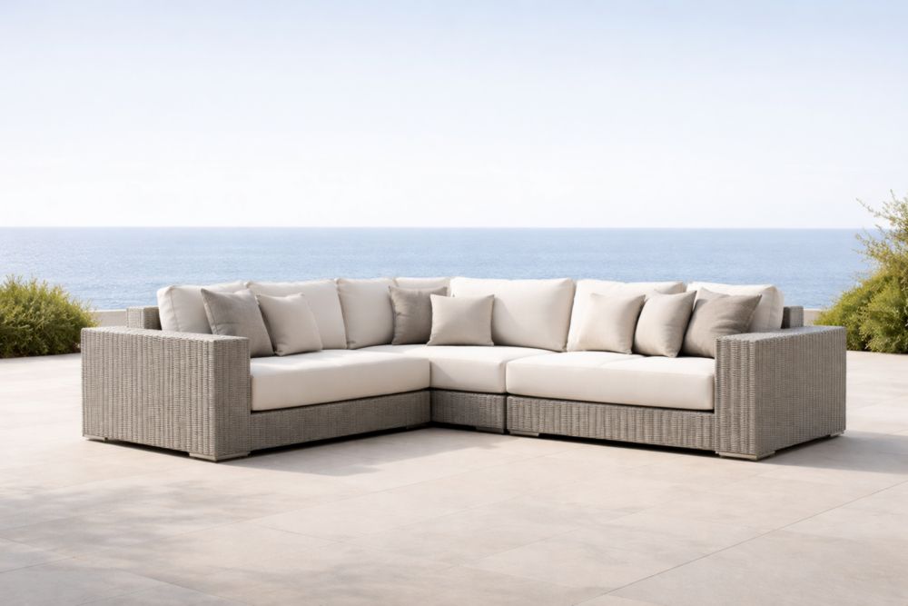 Canapé d'angle extérieur en résine tressée gris avec coussins en polyester beige