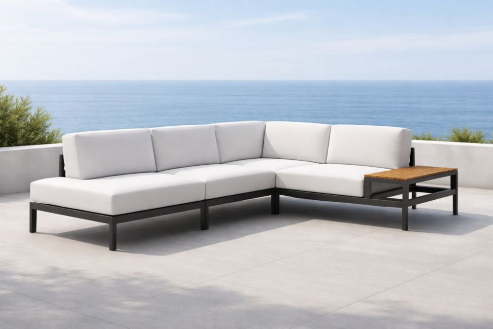 Canapé d'angle extérieur en métal et bois avec tablette intégrée, Blanc cassé