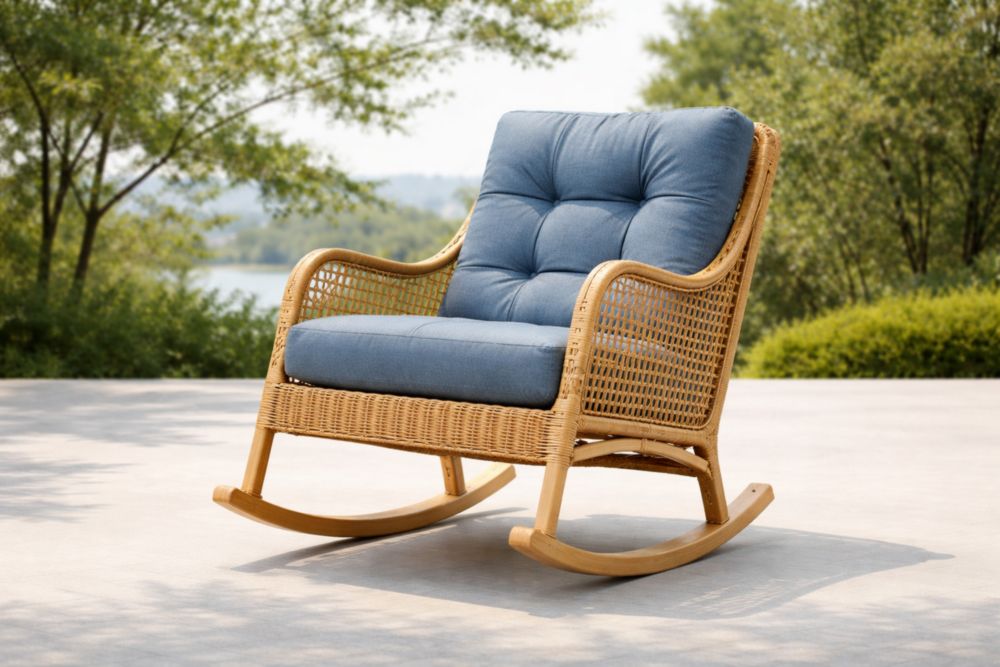 Fauteuil à bascule en rotin avec coussin en tissu polyester bleu