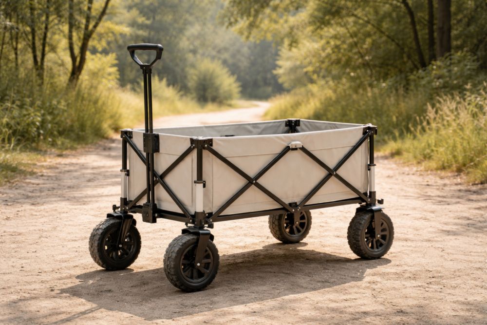 Chariot Pliable en Acier et Polyester Beige avec Roues Tout-Terrain 90x50x100cm