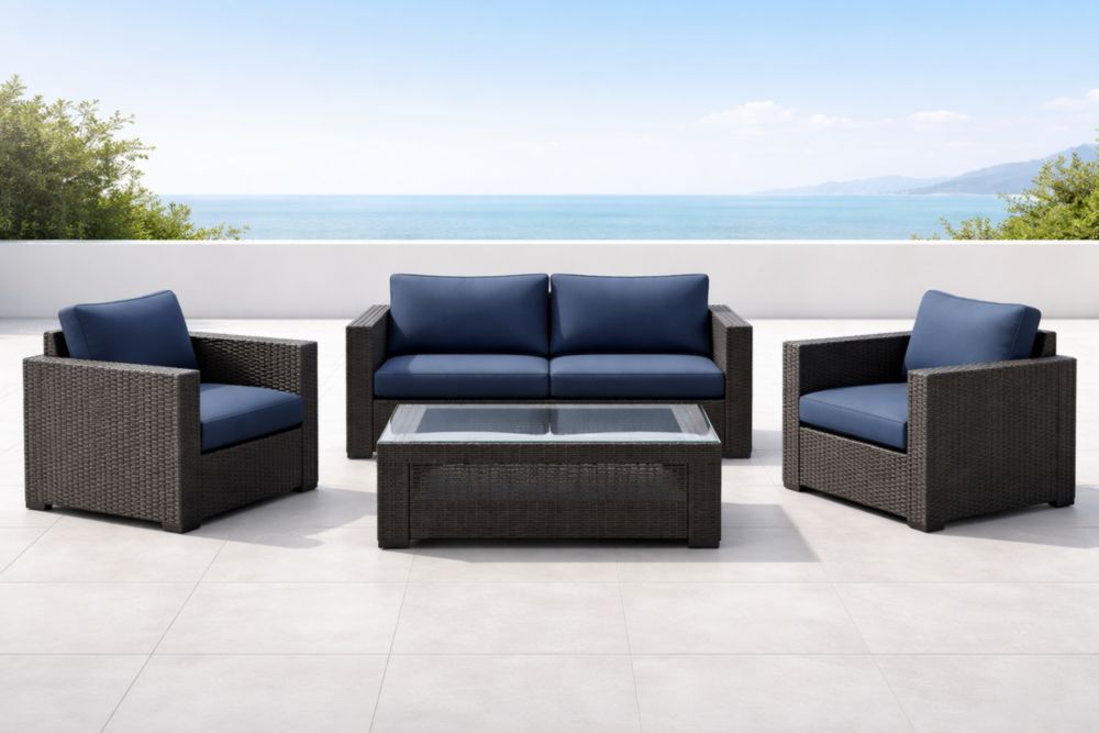 Ensemble de jardin en résine tressée avec coussins bleus