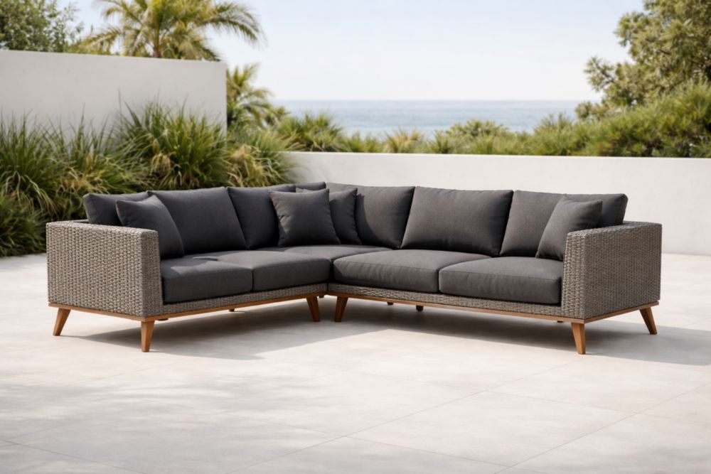 Canapé d'angle extérieur en rotin gris