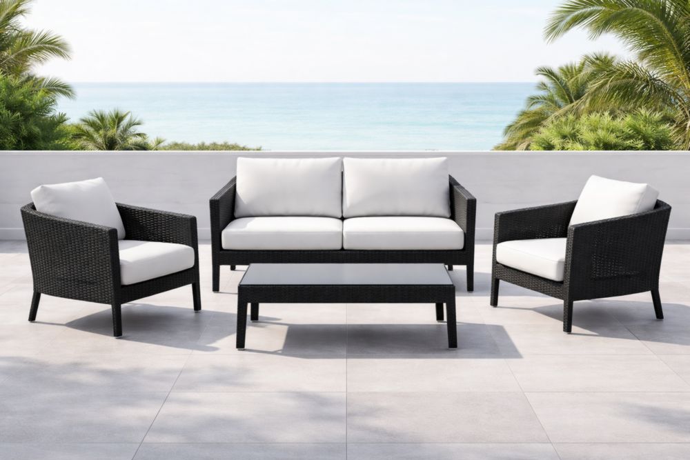 Ensemble de Jardin 4 Pièces en Résine avec Coussins Amovibles Noir/Blanc