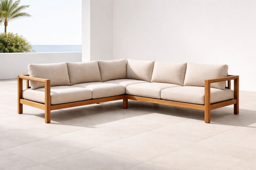 Canapé d'angle extérieur en bois avec coussins en tissu beige