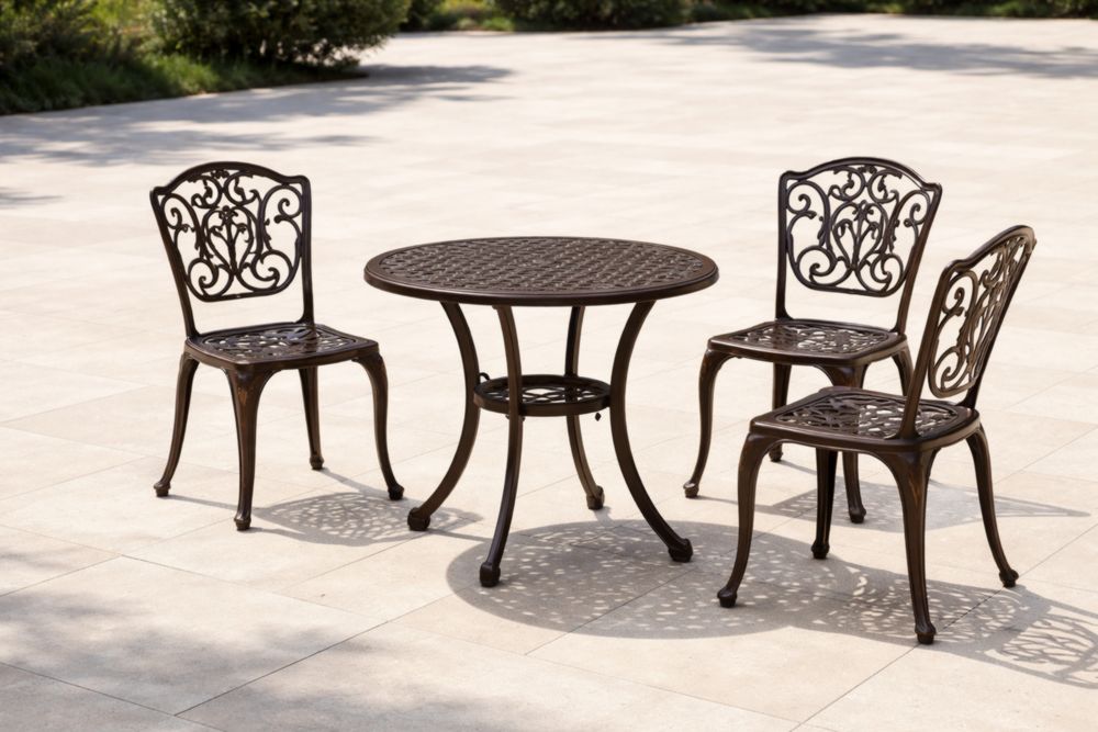 Ensemble de Jardin en Fer Forgé Marron avec Table Ronde et 3 Chaises