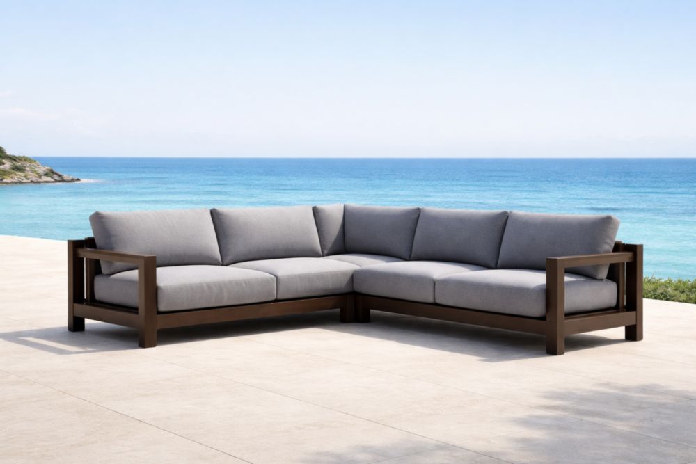 Canapé d'angle extérieur en bois et tissu gris