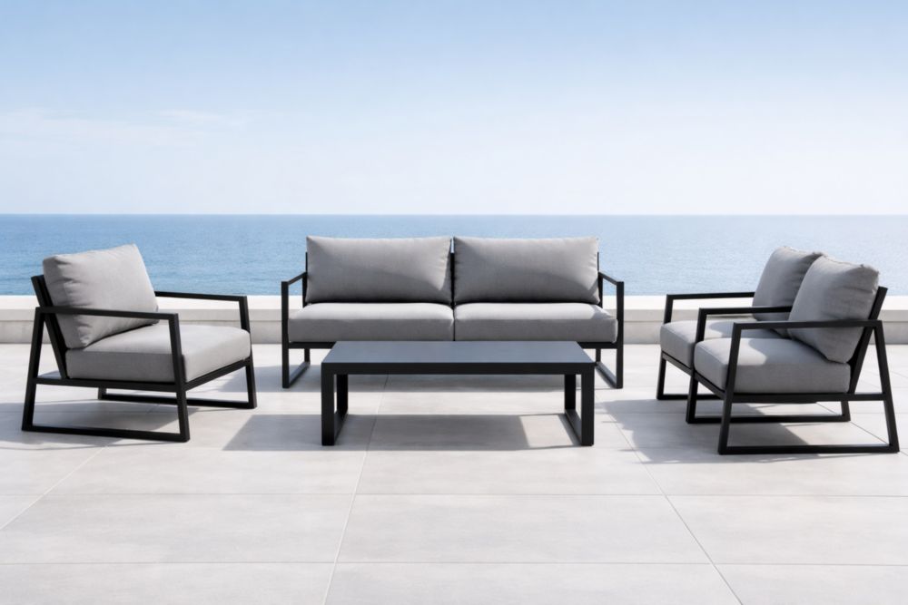 Ensemble de salon de jardin en aluminium avec coussins en mousse polyester gris
