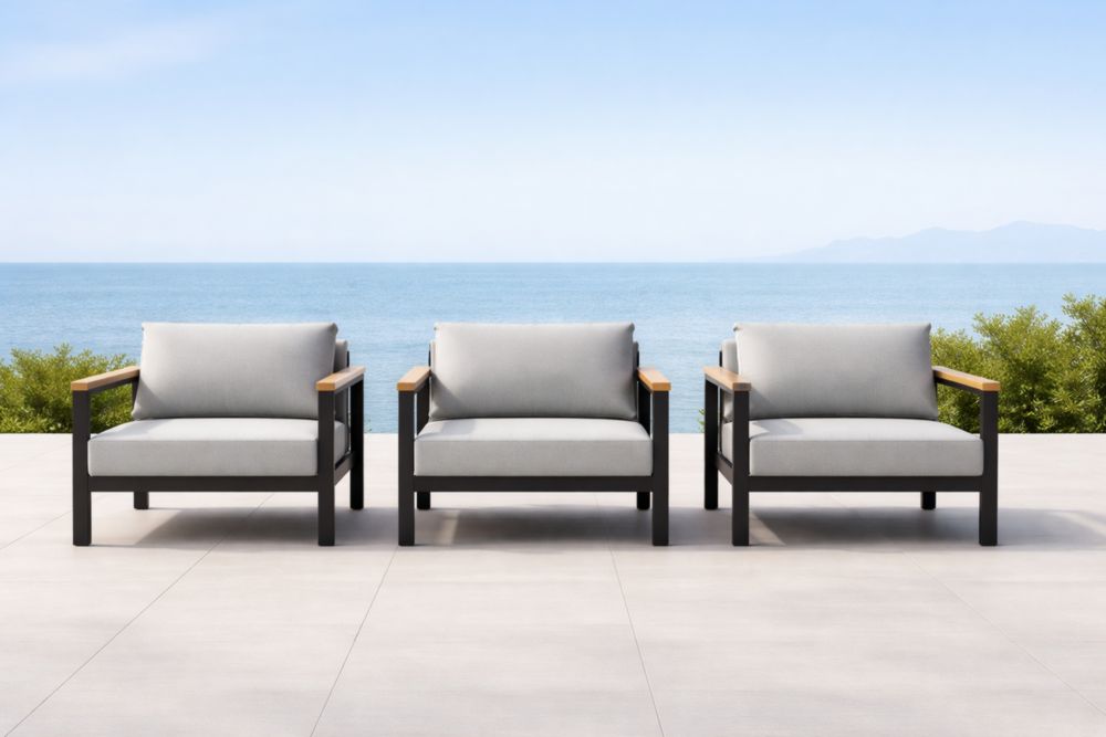 Fauteuil de jardin aluminium et bois, coussins gris, ensemble de 3