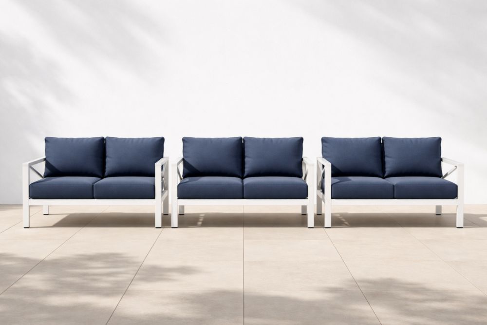 Ensemble de Canapés Extérieurs Métal Blanc et Coussins Bleu