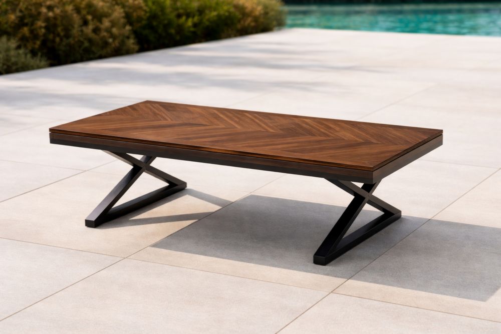 Table basse bois d'acacia motif chevrons pieds métal 130x70x35 cm