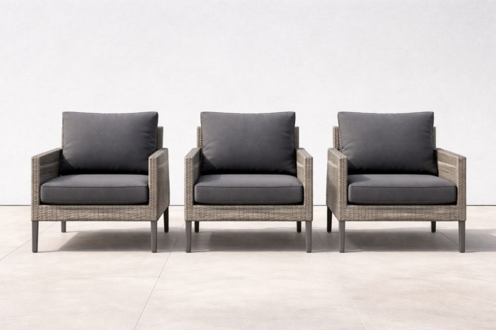 Lot de 3 fauteuils de jardin en rotin synthétique avec coussins gris foncé