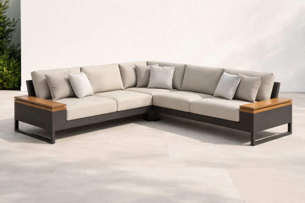 Canapé d'angle extérieur 5 places aluminium avec accoudoirs en bois