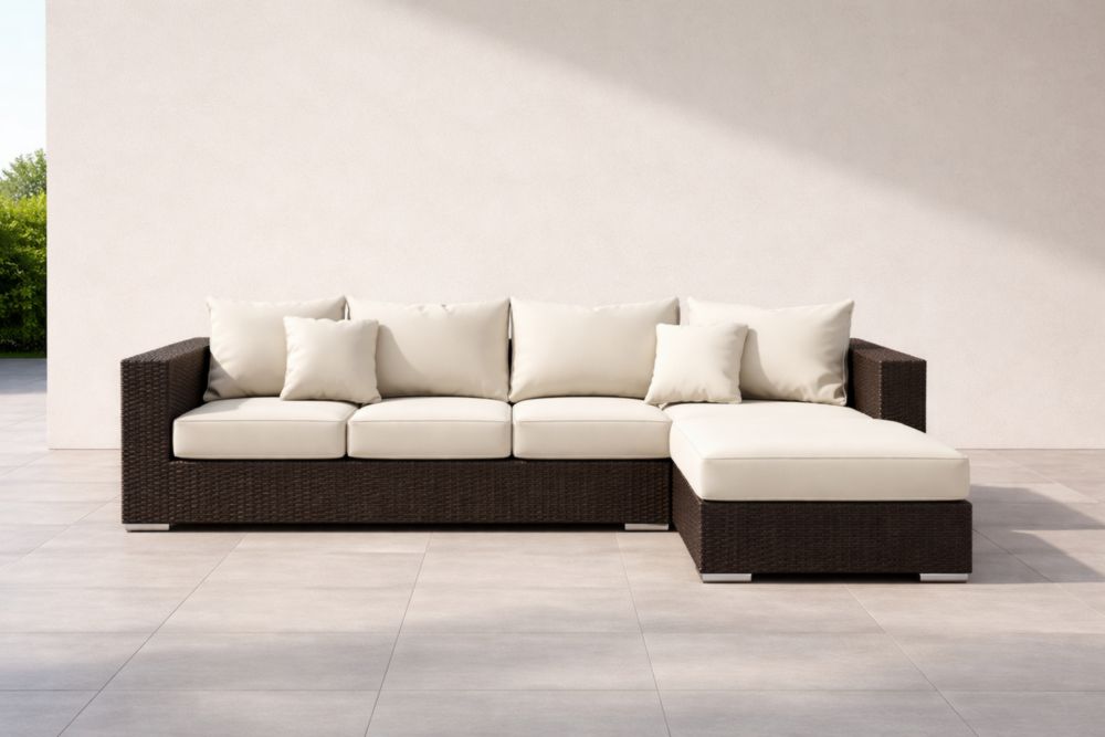 Canapé d'angle en résine tressée marron avec coussins crème