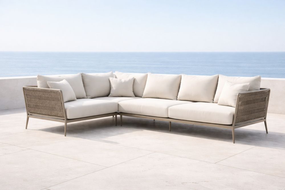 Canapé d'angle en osier avec coussins en polyester