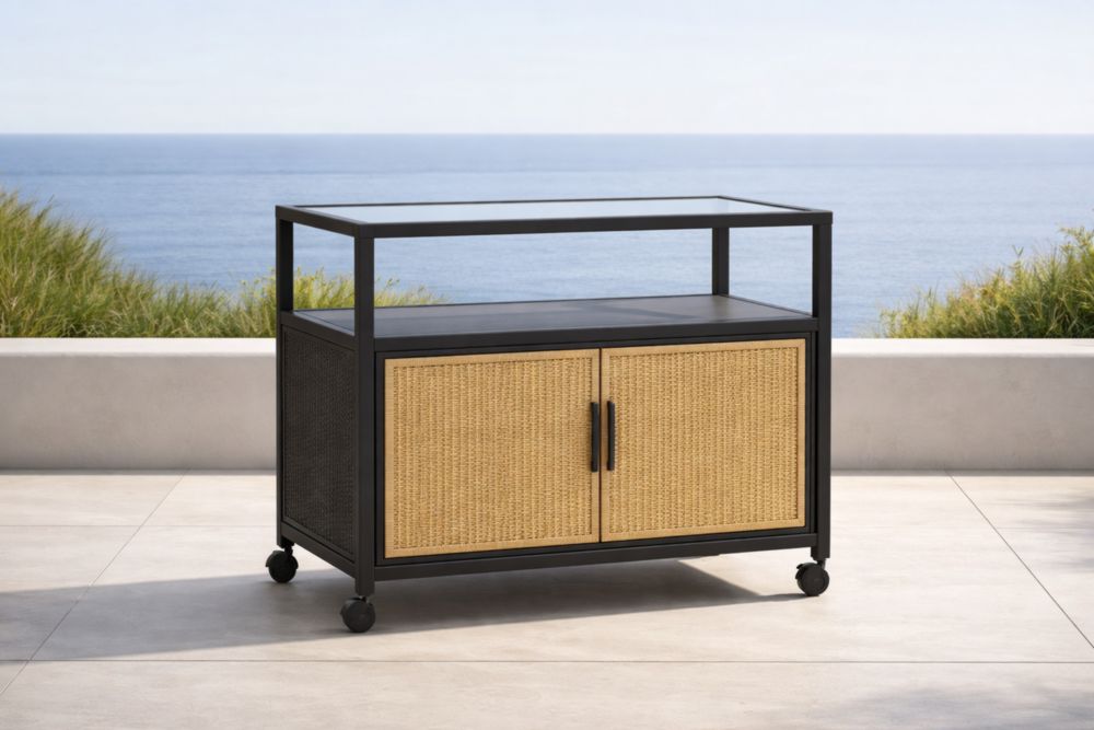 Chariot de service en acier et verre avec portes en rotin