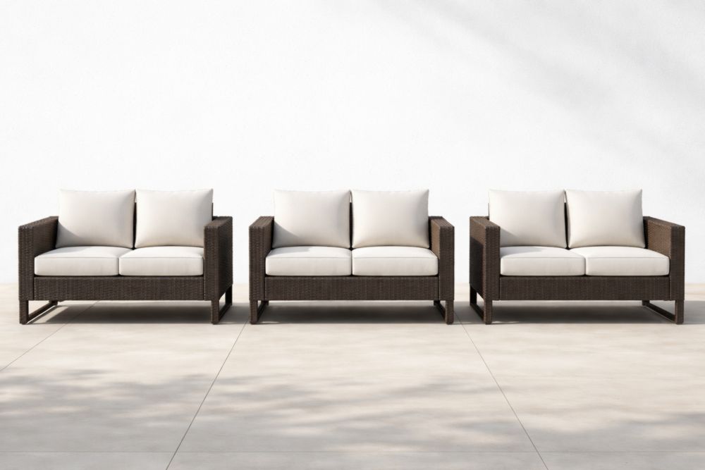 Ensemble de canapé extérieur 3 pièces en résine tressée brun avec coussins