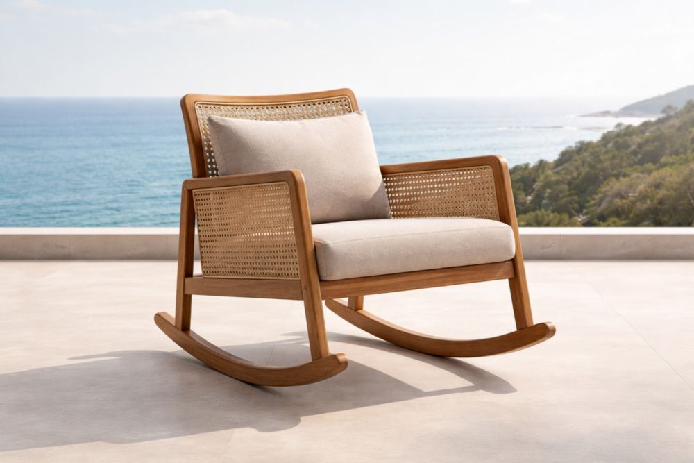 Fauteuil à bascule en bois avec assise en tissu beige et dossier en cannage