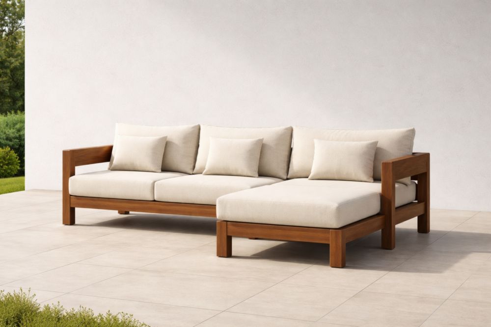 Canapé d'angle extérieur en bois et tissu polyester beige