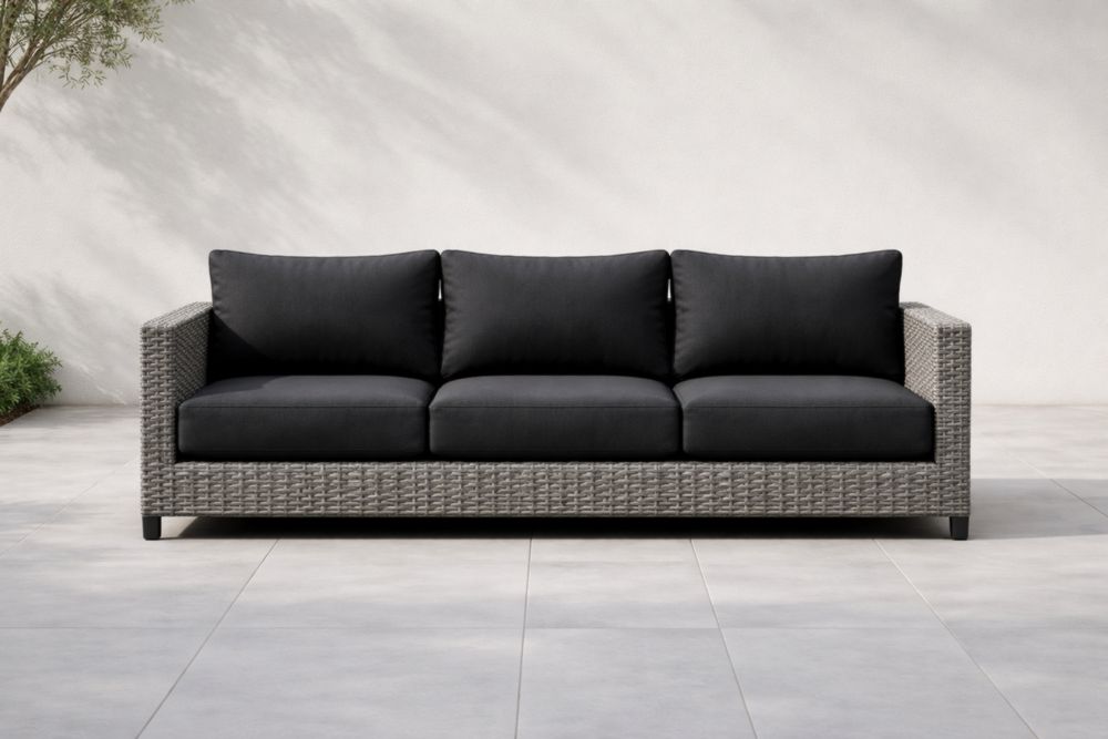 Canapé 3 places en résine tressée et coussins en polyester anthracite