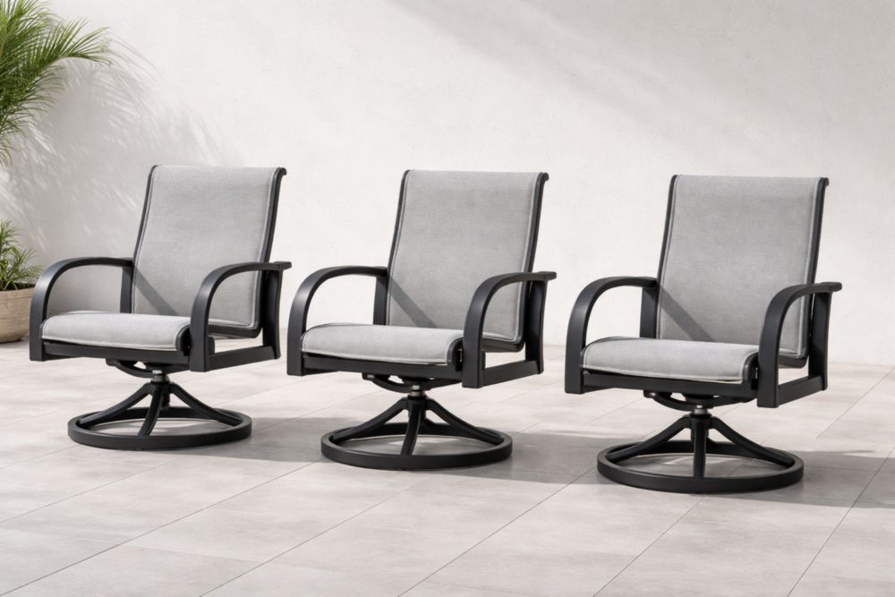 Lot de 3 fauteuils de jardin pivotants en métal et tissu gris