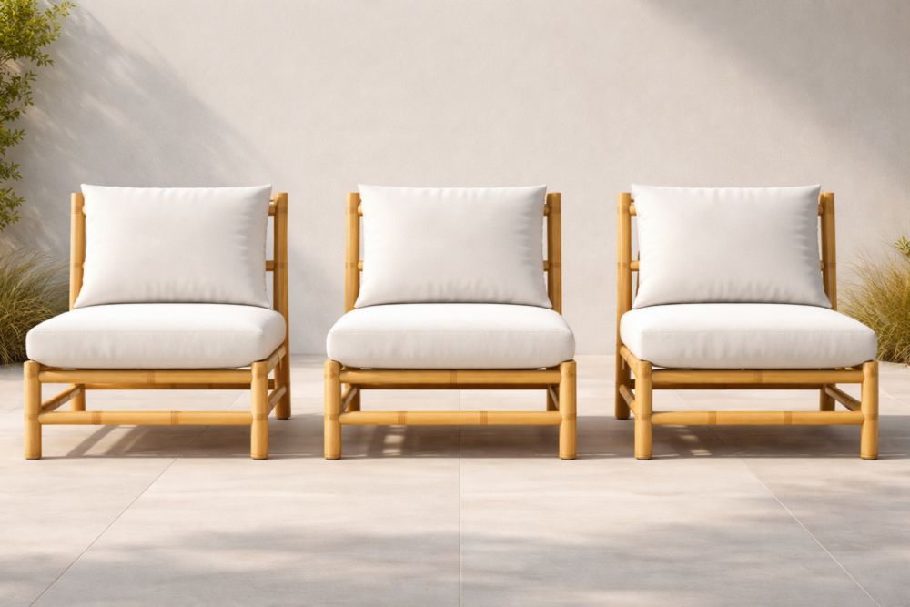 Ensemble de 3 Fauteuils de Jardin en Bambou avec Coussin en Polyester Blanc