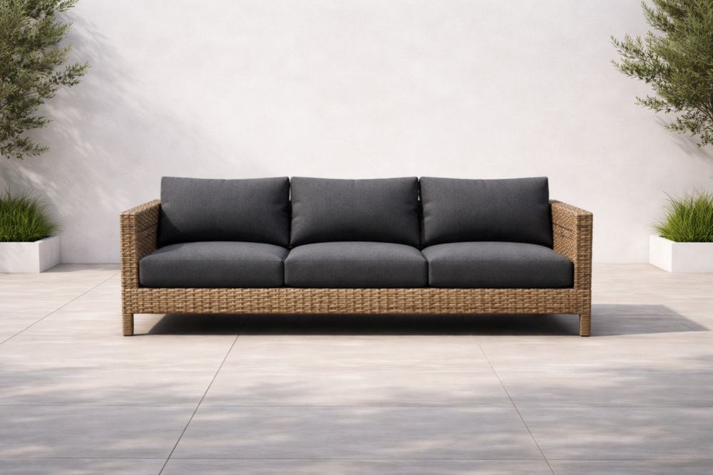 Canapé 3 places en rotin et tissu anthracite