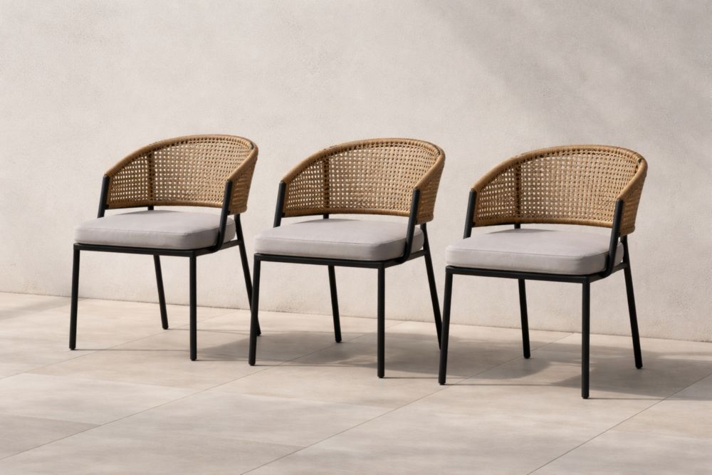Lot de 3 Chaises Métal et Rotin Synthétique avec Coussins en Polyester