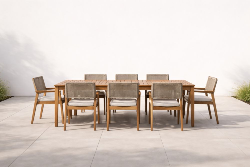 Ensemble table rectangulaire en teck avec 8 chaises en polyester